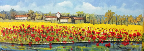"Paesaggio con papaveri" opera dipinta su Jeans de Pietro Dell'Aversana, Pintura a la venta en Singulart