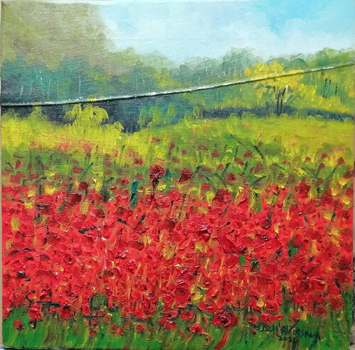 "Papaveri" dipinto su Jeans van Pietro Dell'Aversana, Schilderij te koop op Singulart