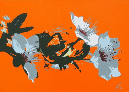Fleurs de pommiers sur ciel orangé par Delphine FRECHET, Peinture en vente sur Singulart