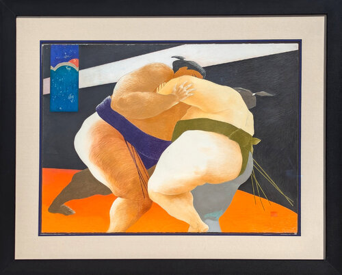 Modern Colorful Pastel Drawing of a Pair of Sumo Wrestlers in Blue and Green von Phyllis Steele, Malerei kaufen auf Singulart