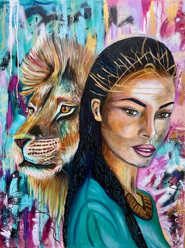 Goddess Inanna & the lion (Göttin Inanna & der Löwe) von Sonja Neuroth, Malerei kaufen auf Singulart