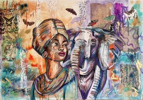 Goddess Mawu & the elephant (Göttin Mawu & der Elefant) van Sonja Neuroth, Schilderij te koop op Singulart