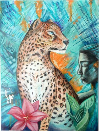 Spirit animal Jaguar & woman (Krafttier Jaguar & Frau) von Sonja Neuroth, Malerei kaufen auf Singulart