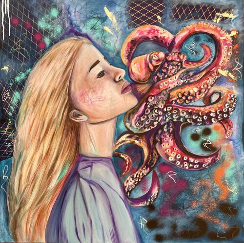 Goddess Ran & the octopus (Göttin Ran & die Krake) van Sonja Neuroth, Schilderij te koop op Singulart