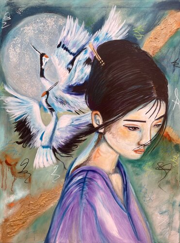 Goddess Chang'E & the cranes (Göttin Chang'E & die Kraniche) van Sonja Neuroth, Schilderij te koop op Singulart