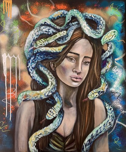 Medusa with snake head (Medusa mit Schlangenkopf) van Sonja Neuroth, Schilderij te koop op Singulart