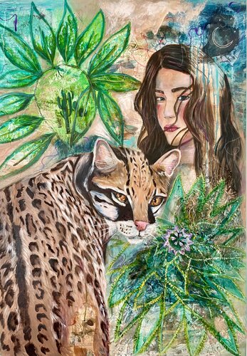 Spirit animal ocelot and woman (Krafttier Ozelot und Frau) van Sonja Neuroth, Schilderij te koop op Singulart