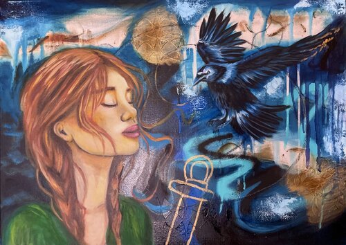 Goddess Morrigan & the raven (Göttin Morrigan & der Rabe) von Sonja Neuroth, Malerei kaufen auf Singulart