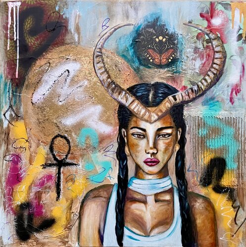 Goddess Hathor with cow horns (Göttin Hathor mit Kuhhörnern) von Sonja Neuroth, Malerei kaufen auf Singulart