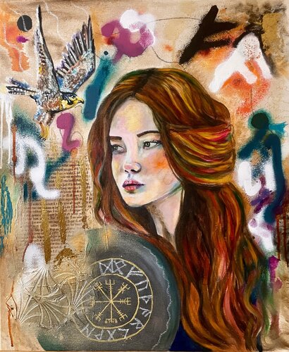 Goddess Freya & the falcon (Göttin Freya und der Falke) van Sonja Neuroth, Schilderij te koop op Singulart