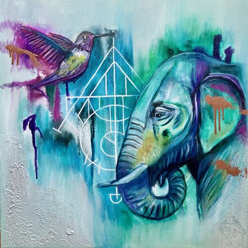Elephant & hummingbird | Creativity - Spell no. 2 (Elefant & Kolibri : Kreativität - Spell No. 2) von Sonja Neuroth, Malerei kaufen auf Singulart