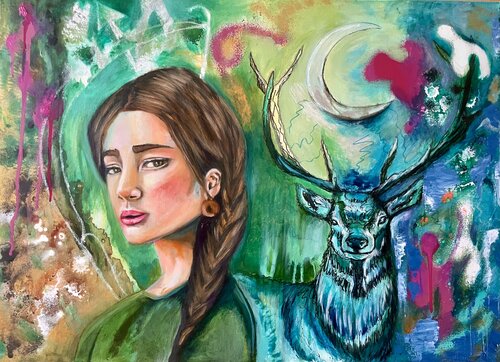Goddess Artemis & the stag (Göttin Artemis & der Hirsch) by Sonja Neuroth, Painting for Sale on Singulart