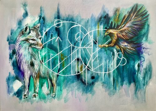 Korsak fox & Eagle | Inner knowing - spell no. 14 (Korsakfuchs & Adler | Inneres Wissen - spell no. 14) par Sonja Neuroth, Peinture en vente sur Singulart
