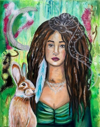 Goddess Ix Chel & the rabbit (Göttin Ix Chel & das Kaninchen) de Sonja Neuroth, Pintura a la venta en Singulart