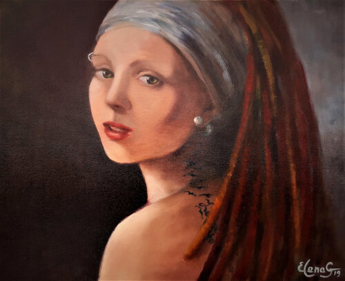 Across the Times or Girl with Pearl Earring in XXI. di Elena Gaevskaya, Pittura in vendita su Singulart