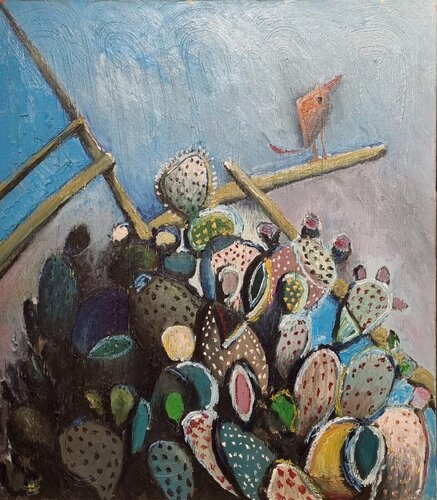 Cactus and bird by Karim Abu Shakra, Painting for Sale on Singulart