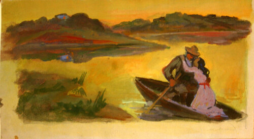 Hug in a Boat at Sunset von Meir Axelrod, Malerei kaufen auf Singulart
