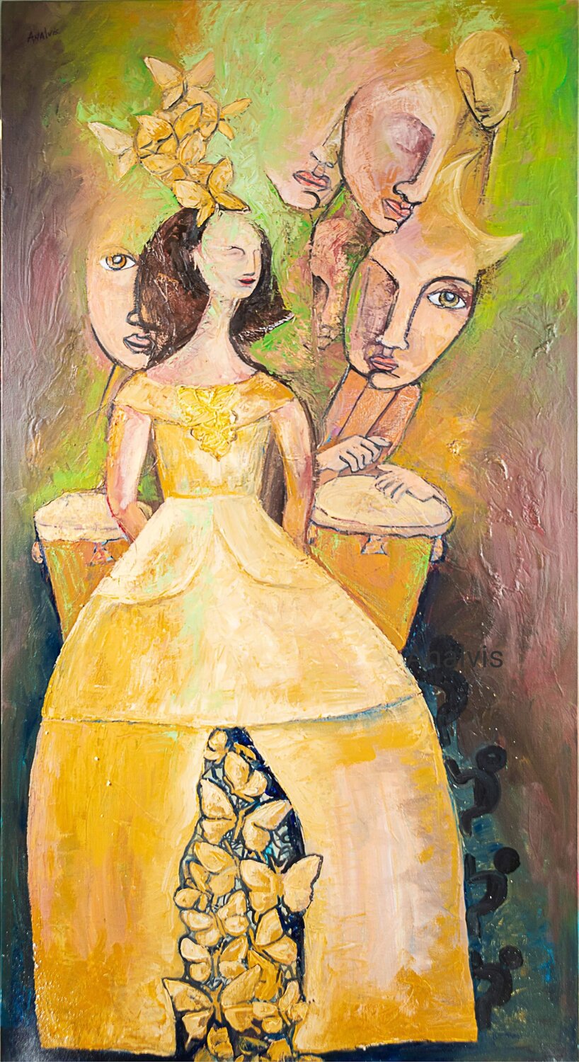 Las Meninas caribeñas con mariposas Analvis Somoza Jimenez Originalgemälde zu verkaufen