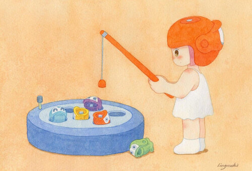 Little Muki Playing Fishing Toy di Ling Muki, Opera su carta in vendita su Singulart