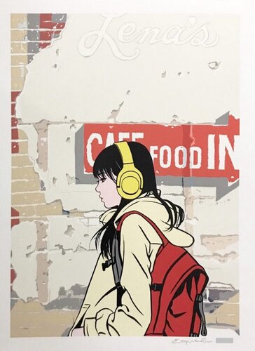 Lena's Cafe ( Girl with Headphones) de Hisashi Eguchi, Impresión a la venta en Singulart