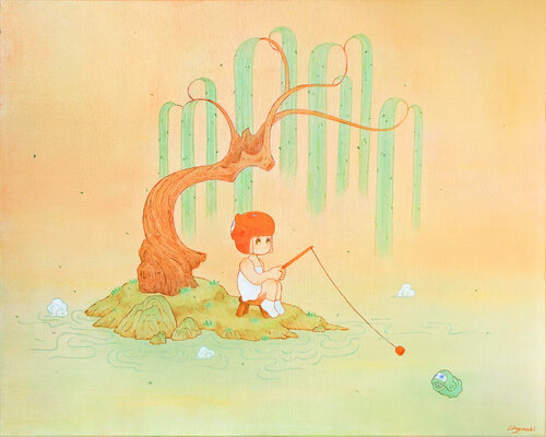 Muki Fishing under a Tree de Lingmuki, Pintura a la venta en Singulart