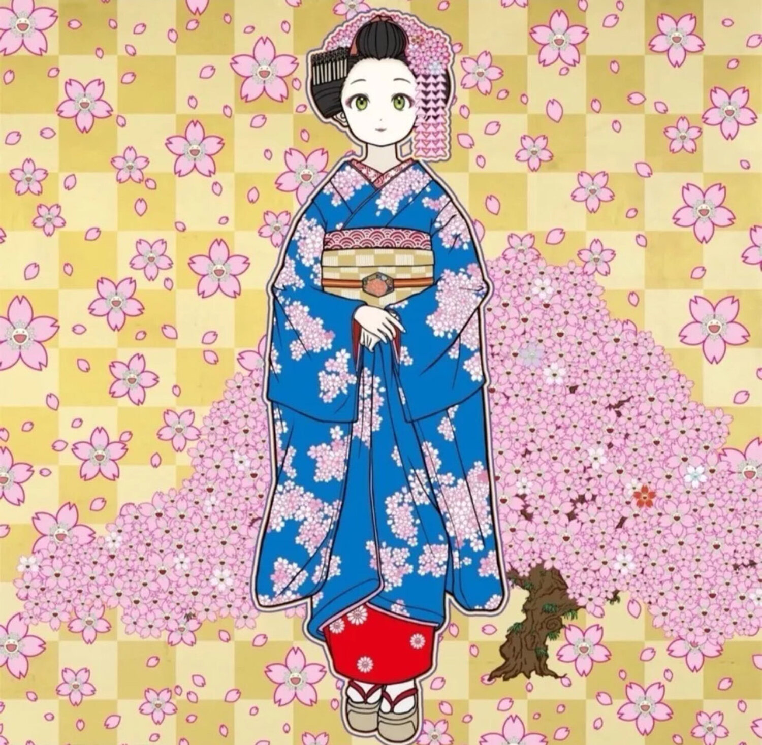 Maiko in Kyoto, Cherry Blossoms on Blue Takashi Murakami Druck zu verkaufen