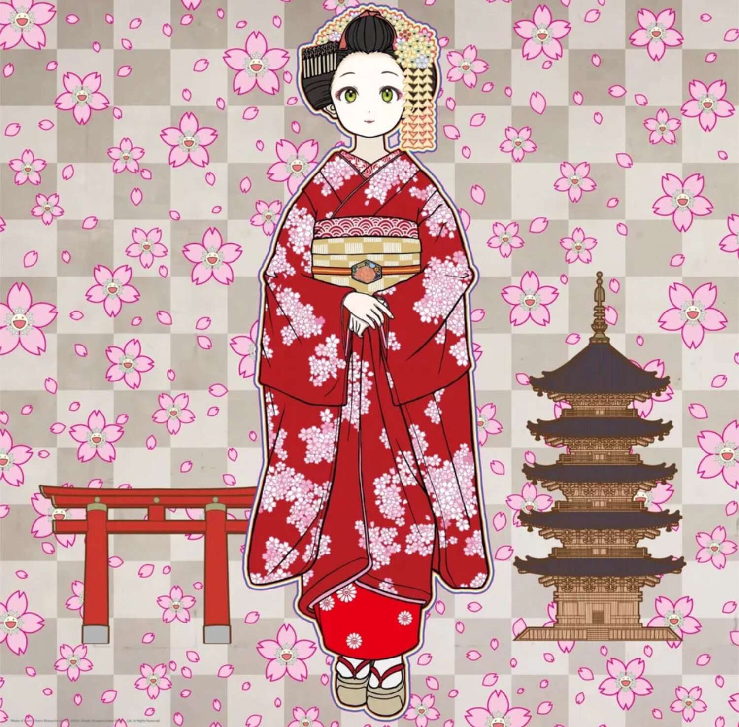 Maiko in Kyoto, Cherry Blossoms on Red Takashi Murakami Druck zu verkaufen