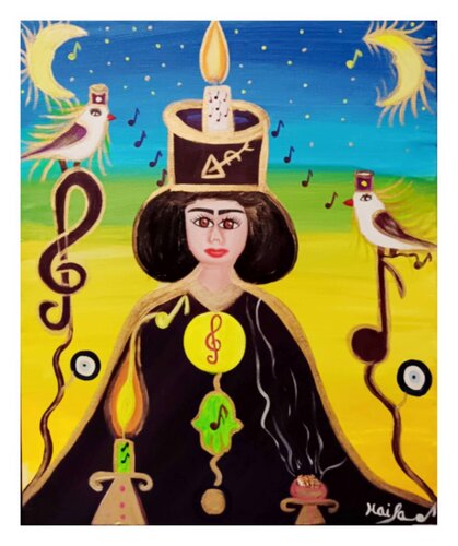 La Prêtresse au Talisman de Lumière Sonore van HAIFA MELLITI, Schilderij te koop op Singulart