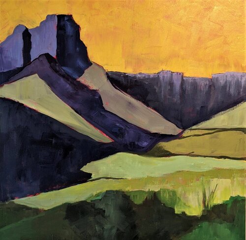 Drakensberg with Yellow Sky van Jillian Goldberg, Schilderij te koop op Singulart