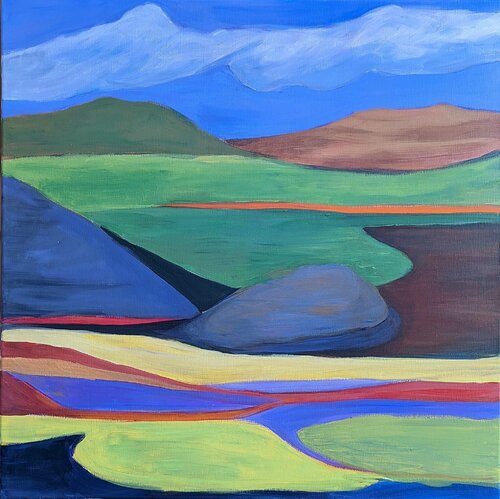 Colorful Fields with Clouds van Jillian Goldberg, Schilderij te koop op Singulart