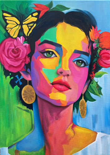 Radiant Woman in Bloom with Butterfly Grace de Sekar Rajagopal, Pintura a la venta en Singulart