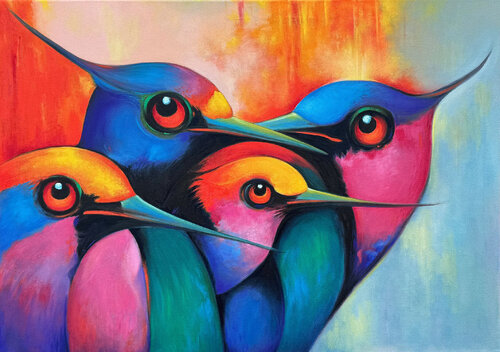 Vibrant Curiosity - A Gathering of Colorful Birds de Sekar Rajagopal, Pintura a la venta en Singulart