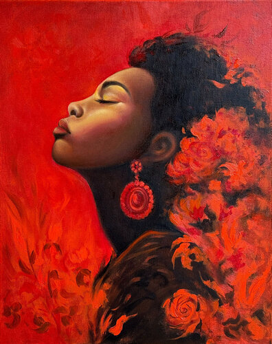 Embers of Serenity - African woman with Flowers von Sekar Rajagopal, Malerei kaufen auf Singulart