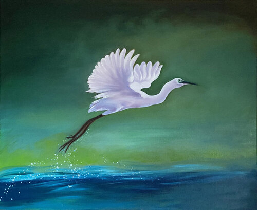 Grace in Flight - Stork flying out of the blue water - Original Oil Paintings by Sekar Rajagopal, Painting for Sale on Singulart