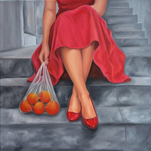 Red Dress and Oranges on Stairs - Original Oil Painting Sekar Rajagopal