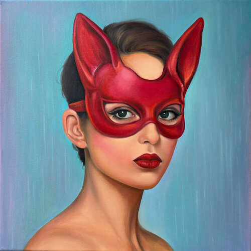 Vibrant Portrait Art of Woman in Red Cat Mask | Modern Figurative Painting von Sekar Rajagopal, Malerei kaufen auf Singulart