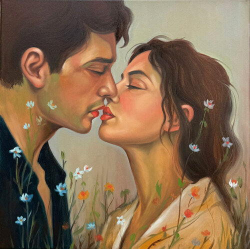 Romantic Couple Kissing Painting with Wildflowers – Emotional Love Art Illustration van Sekar Rajagopal, Schilderij te koop op Singulart