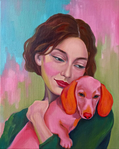 Woman with Dachshund Painting – Modern Figurative Portrait with Dog van Sekar Rajagopal, Schilderij te koop op Singulart