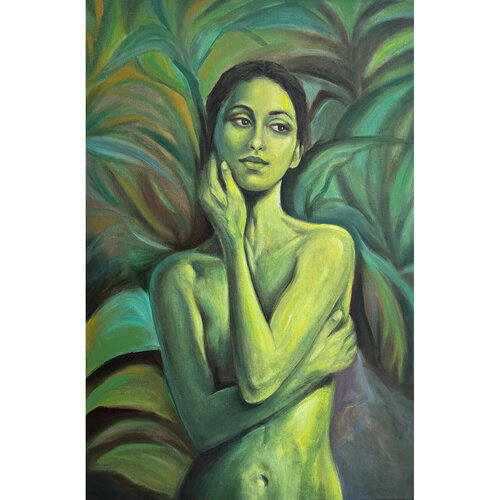 Green Figurative Woman Painting – Expressive Nude Portrait in Nature van Sekar Rajagopal, Schilderij te koop op Singulart