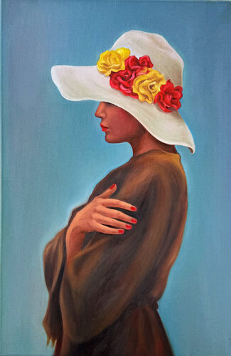 Woman in White Hat Painting – Elegant Figurative Portrait with Floral Hat von Sekar Rajagopal, Malerei kaufen auf Singulart