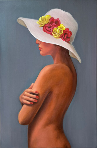 Elegant Nude Woman with White Hat Painting – Contemporary Figurative Portrait von Sekar Rajagopal, Malerei kaufen auf Singulart
