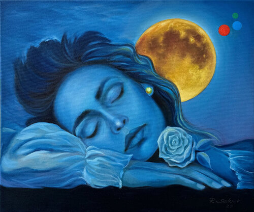 Colors of Dream – Sleeping Woman Under the Golden Moon van Sekar Rajagopal, Schilderij te koop op Singulart