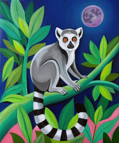 Lemur Night in the Jungle – Vibrant Wildlife Painting with Full Moon de Sekar Rajagopal, Pintura a la venta en Singulart