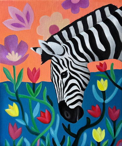 Zebra in Bloom – Colorful Animal Painting with Floral Fantasy de Sekar Rajagopal, Pintura a la venta en Singulart
