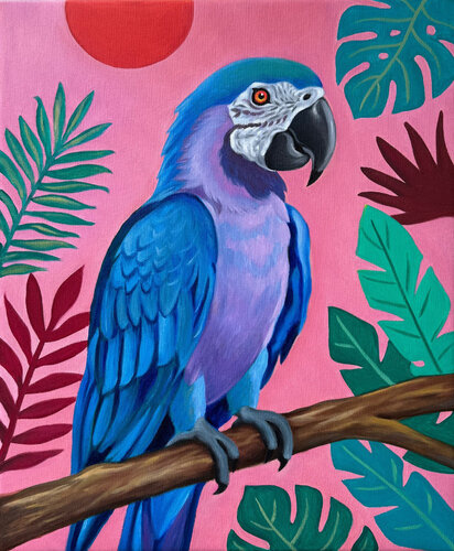 Blue Parrot Painting – Colorful Tropical Bird Art with Modern Floral Background von Sekar Rajagopal, Malerei kaufen auf Singulart