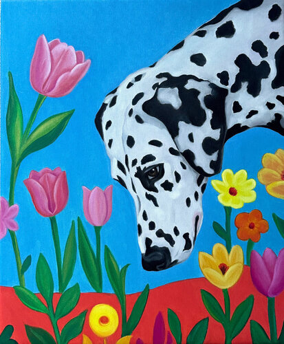 Dalmatian Dog with Colorful Spring Flowers – Bright Whimsical Animal Art Painting de Sekar Rajagopal, Pintura a la venta en Singulart