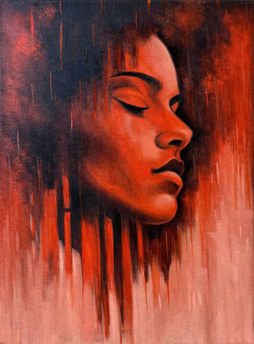 Modern Portrait Painting in Red and Copper Tones – Expressive Contemporary Figurative Art by Sekar Rajagopal, Painting for Sale on Singulart