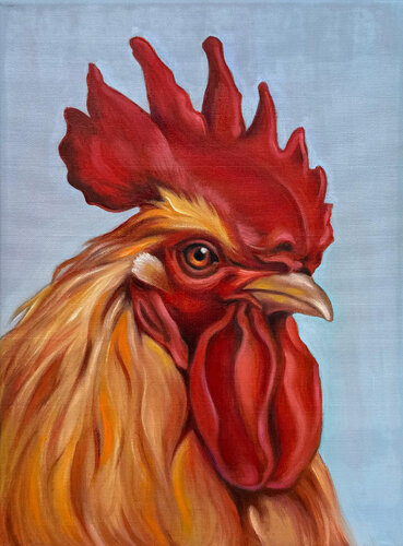 Realistic Rooster Portrait Painting – Colorful Farm Animal Wall Art by Sekar Rajagopal, 油畫 for Sale on Singulart