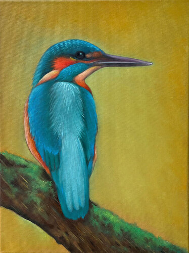 Kingfisher Painting – Colorful Bird Artwork on Yellow Background de Sekar Rajagopal, Pintura a la venta en Singulart
