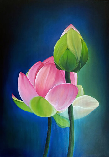 Lotus Flower Painting – Elegant Pink Bloom with Bud on Blue Background van Sekar Rajagopal, Schilderij te koop op Singulart
